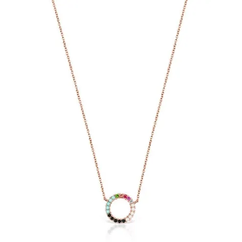 Colar Straight disco em Prata Vermeil rosa com Pedras Preciosas