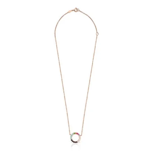 Colar Straight disco em Prata Vermeil rosa com Pedras Preciosas