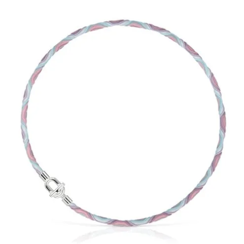 Colar/Bracelete elástico em prata com cordão rosa e azul TOUS MANIFESTO
