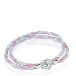 Colar/Bracelete elástico em prata com cordão rosa e azul TOUS MANIFESTO