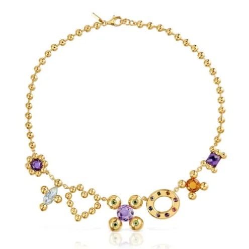 Collier en argent plaqué or 18 ct et motifs avec pierres précieuses court Sugar Party
