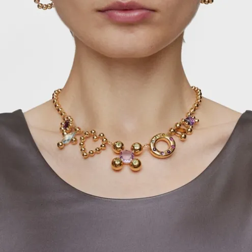 Collier en argent plaqué or 18 ct et motifs avec pierres précieuses court Sugar Party