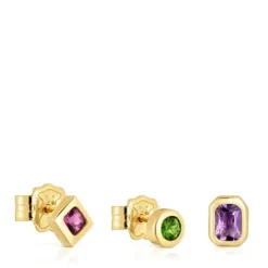 Pack de brincos pequenos banhados a ouro de 18 K sobre prata e pedras preciosas TOUS Basic Colors
