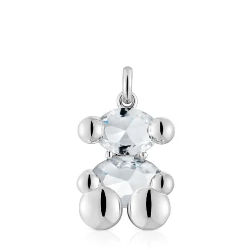 Pingente médio motivo urso em prata e quartzo cristal de rocha Color Bear
