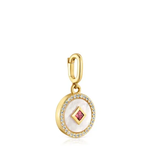 Pingente medalha banhado a ouro de 18 K sobre prata, madrepérola e pedras preciosas Medallions