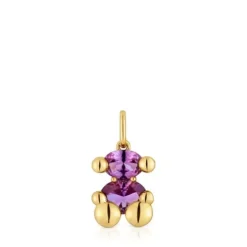Pingente pequeno motivo urso banhado a ouro de 18 K sobre prata e safira lilás criada em laboratório Color Bear LGG