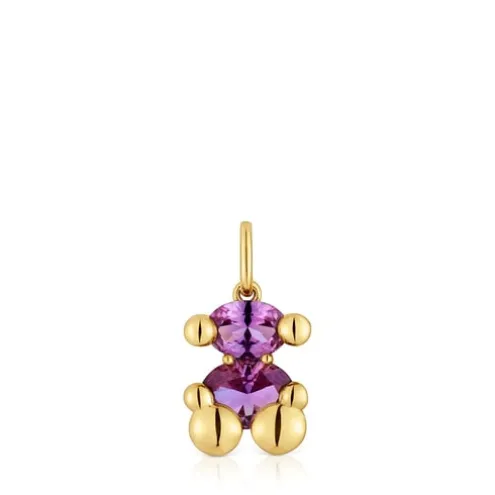 Pingente pequeno motivo urso banhado a ouro de 18 K sobre prata e safira lilás criada em laboratório Color Bear LGG