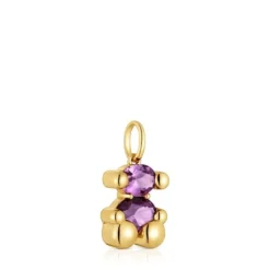 Pingente pequeno motivo urso banhado a ouro de 18 K sobre prata e safira lilás criada em laboratório Color Bear LGG