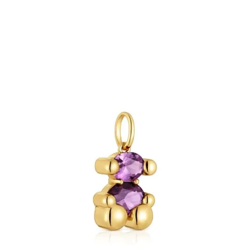 Pingente pequeno motivo urso banhado a ouro de 18 K sobre prata e safira lilás criada em laboratório Color Bear LGG