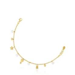 Pulseira corrente banhada a ouro de 18 K sobre prata, pérolas cultivadas e motivos TOUS Grain