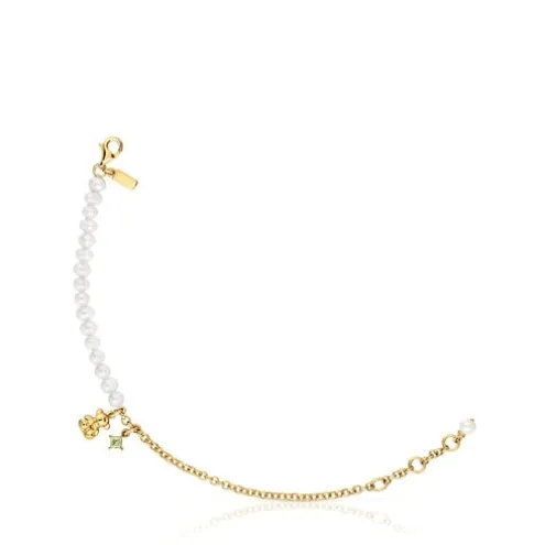 Pulseira corrente urso banhada a ouro sobre prata, pérolas cultivadas e perídoto Bold Bear