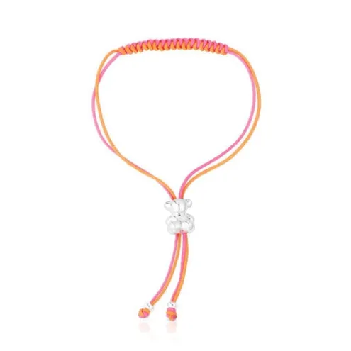 Pulseira de cordão fúcsia e laranja com urso em prata Bold Bear