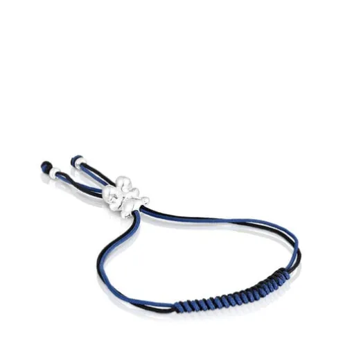 Pulseira de cordão preto e azul-marinho com urso em prata Bold Bear