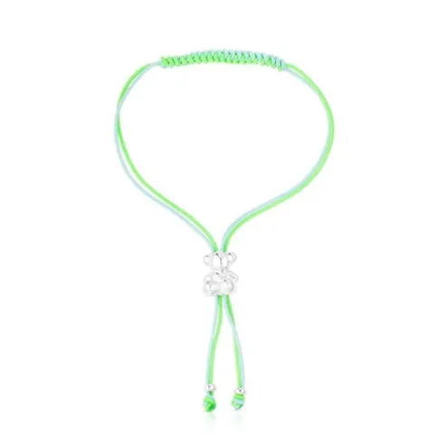 Pulseira de cordão verde e azul com urso em prata Bold Bear