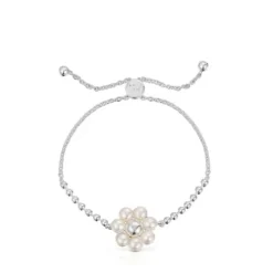 Pulseira de corrente em prata com flor e pérolas cultivadas Sugar Party