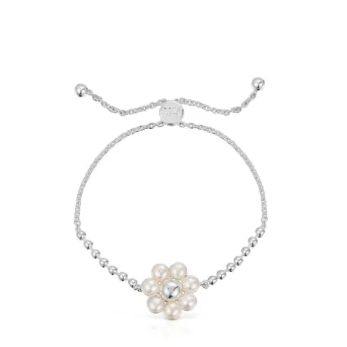 Pulseira de corrente em prata com flor e pérolas cultivadas Sugar Party