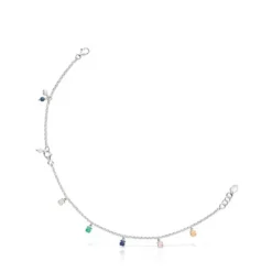 Pulseira de pé Mini Color em Prata com Pedras Preciosas e Pérola