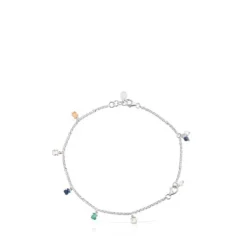 Pulseira de pé Mini Color em Prata com Pedras Preciosas e Pérola