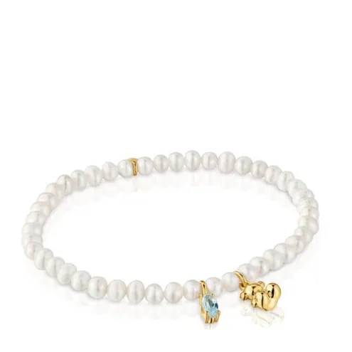 Pulseira elástica banhada a ouro sobre prata, pérola cultivada e topázio Bold Bear