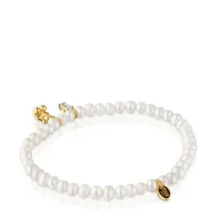 Pulseira elástica banhada a ouro sobre prata, pérola cultivada e topázio Bold Bear