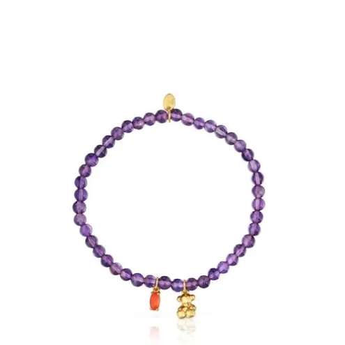 Pulseira elástica banhada a ouro sobre prata, ametista e cornalina Bold Bear