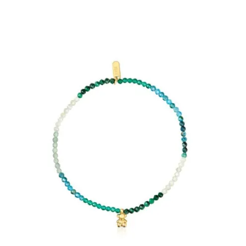 Pulseira elástica banhada a ouro de 18 K sobre prata e pedras preciosas verdes Bold Bear