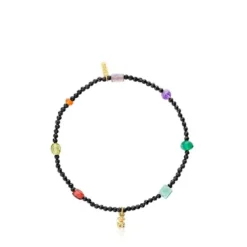 Pulseira elástica banhada a ouro 18 K sobre prata, ónix e pedras preciosas Bold Bear