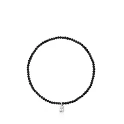 Pulseira elástica com ónix e motivo de urso em prata Bold Bear