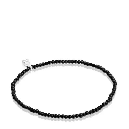 Pulseira elástica com ónix e motivo de urso em prata Bold Bear