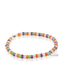 Pulseira elástica com pedras preciosas e motivo urso em prata Bold Motif