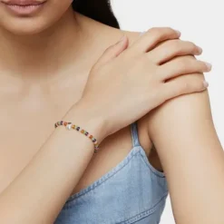 Pulseira elástica com pedras preciosas e motivo urso em prata Bold Motif
