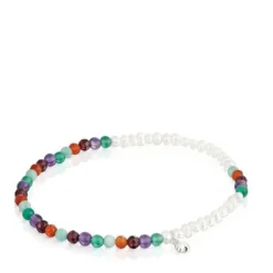 Pulseira elástica com pedras preciosas, pérolas cultivadas e motivo de urso em prata Bold Motif