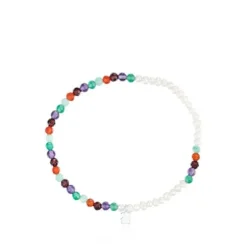 Pulseira elástica com pedras preciosas, pérolas cultivadas e motivo de urso em prata Bold Motif