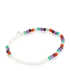 Pulseira elástica com pedras preciosas, pérolas cultivadas e motivo de urso em prata Bold Motif
