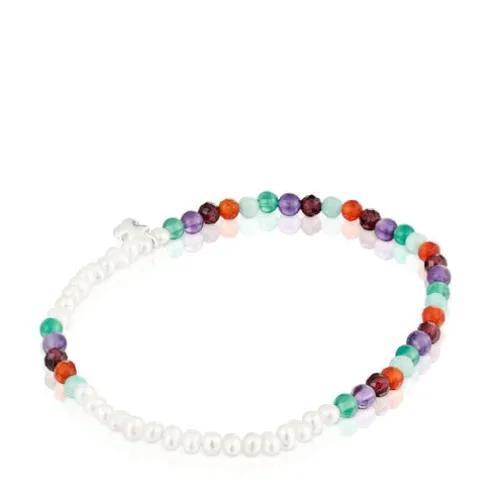 Pulseira elástica com pedras preciosas, pérolas cultivadas e motivo de urso em prata Bold Motif