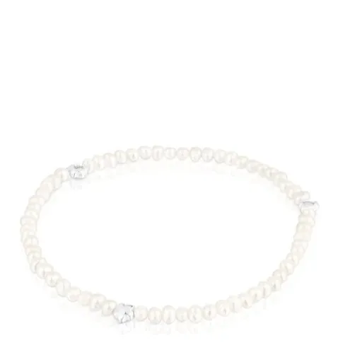 Pulseira elástica com pérolas cultivadas e motivos de flor em prata Bold Motif