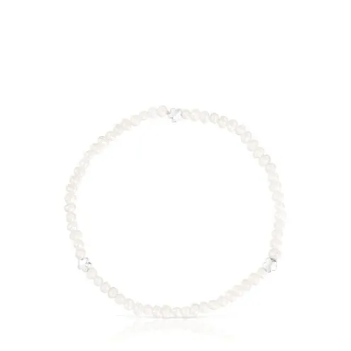 Pulseira elástica com pérolas cultivadas e motivos de flor em prata Bold Motif