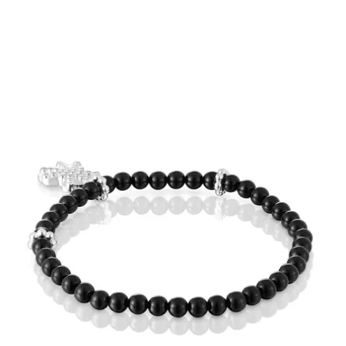 Pulseira elástica em prata, ónix e motivo de urso TOUS Grain