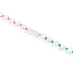 Pulseira em nylon multicolor, prata e pérolas cultivadas Logo