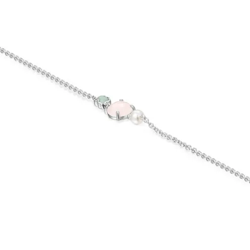 Pulseira Mini Color em Prata com Quartzo rosa, Amazonite e Pérola