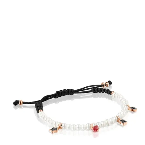 Pulseira Motif de Pérolas e Cordão preto com Prata Vermeil rosa e Pedras Preciosas