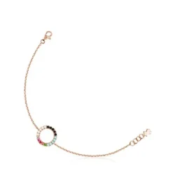 Pulseira Straight disco em Prata Vermeil rosa com Pedras Preciosas