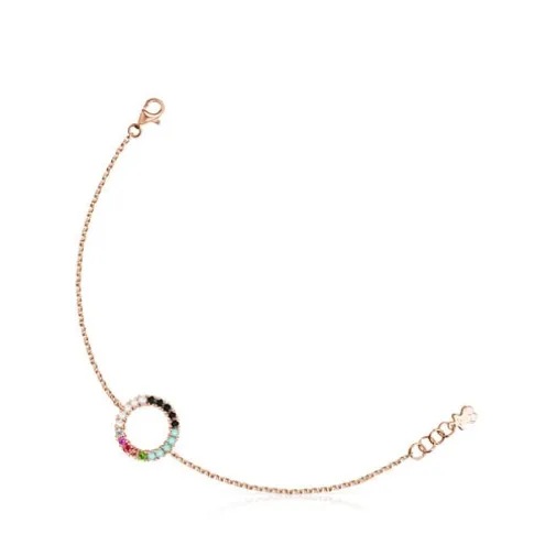 Pulseira Straight disco em Prata Vermeil rosa com Pedras Preciosas