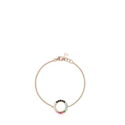 Pulseira Straight disco em Prata Vermeil rosa com Pedras Preciosas