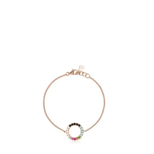 Pulseira Straight disco em Prata Vermeil rosa com Pedras Preciosas