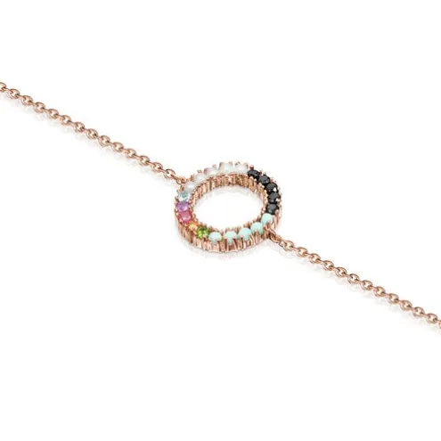 Pulseira Straight disco em Prata Vermeil rosa com Pedras Preciosas