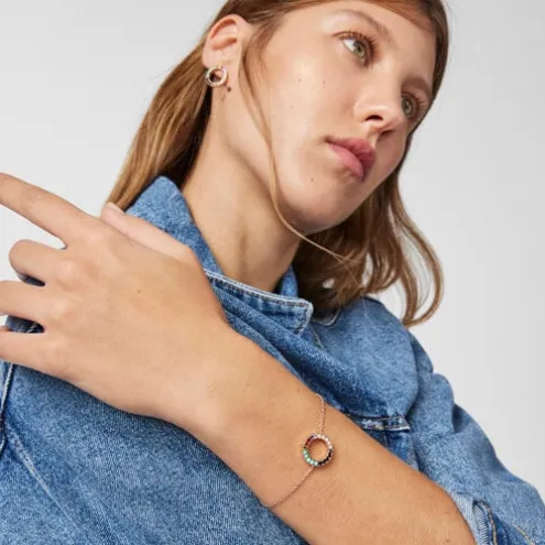 Pulseira Straight disco em Prata Vermeil rosa com Pedras Preciosas