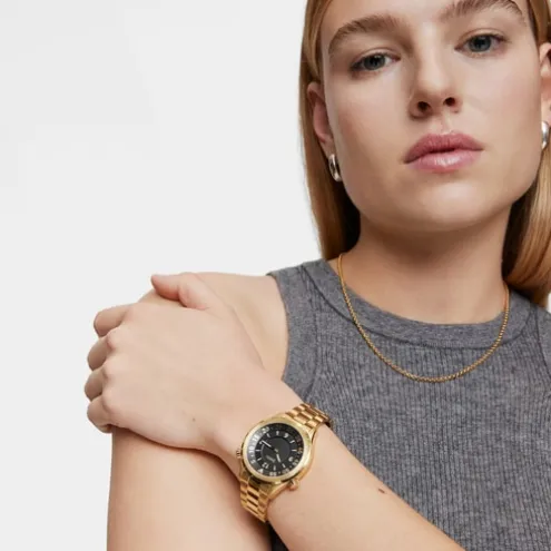 Relógio analógico com bracelete em aço IPG dourado e mostrador preto TOUS Now