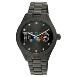 Relógio analógico com bracelete em aço IP preto e cristais T-Logo