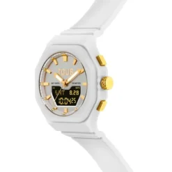 Relógio analógico/digital em aço IPG dourado com bracelete em nylon branco Bet